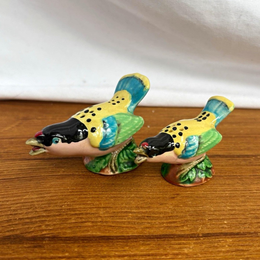 1950s Ceramic Bird Salt & Pepper Shakers Yellow Blue Green Cork Stoppers Japan